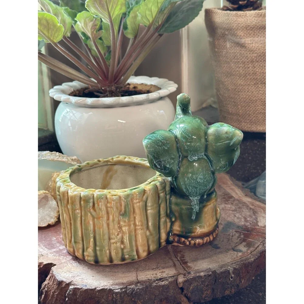Vintage Ceramic Elephant Planter | Green Glazed Elephant & Bamboo Pot | Boho Jun